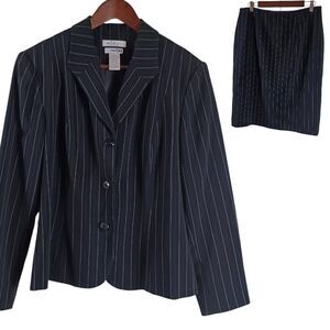East 5th Womens Black Stripe Jacket Blazer Midi Skirt Suit Set Sz 14P Nanotek